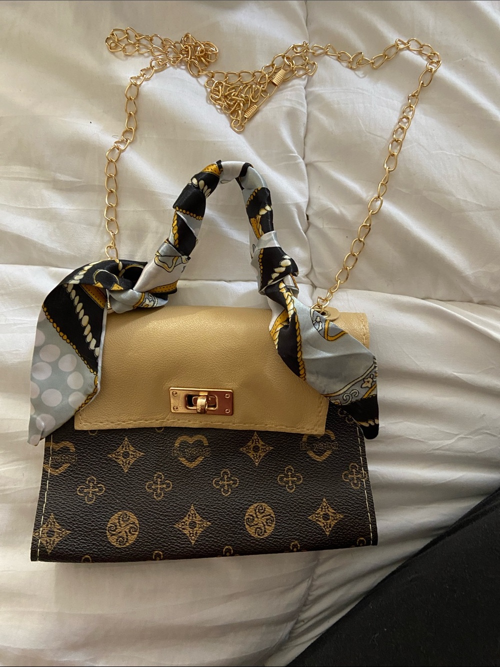 Gold and Brown Chain Shoulder Bag with Printed Scarf Accent